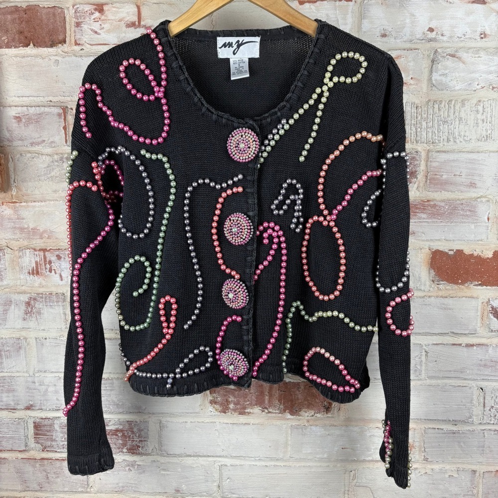 MY Beaded Pearl Artwear Cardigan – Cropped Avant Garde Statement Knit